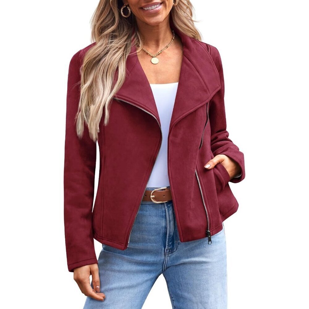 Women‘s Wine Red Faux Leather Vest Jacket Coat Cropped Open Front Cardigan Style